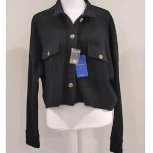 ChouYatou NWT Women Black Waffle Knit Shirt Jacket Cropped Button Long Sleeve